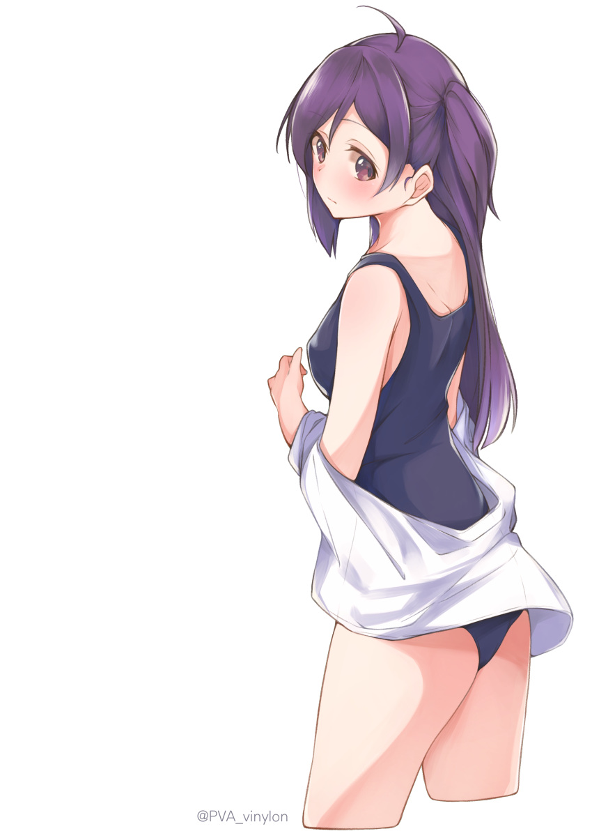 1girl absurdres ahoge alternate_costume breasts commentary_request from_side hagikaze_(kantai_collection) highres kantai_collection long_hair looking_at_viewer medium_breasts one_side_up purple_hair school_swimsuit simple_background solo sweater swimsuit twitter_username uut violet_eyes white_background white_sweater