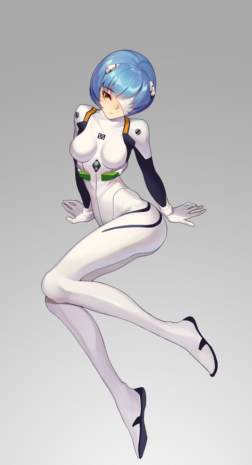 1girl absurdres arm_support ayanami_rei bandage_on_face blue_hair bodysuit breasts breasts_apart brown_eyes full_body gloves grey_background headgear highres maoshinian1 medium_breasts neon_genesis_evangelion plugsuit shiny shiny_hair short_hair simple_background sitting solo white_bodysuit white_gloves yellow_eyes