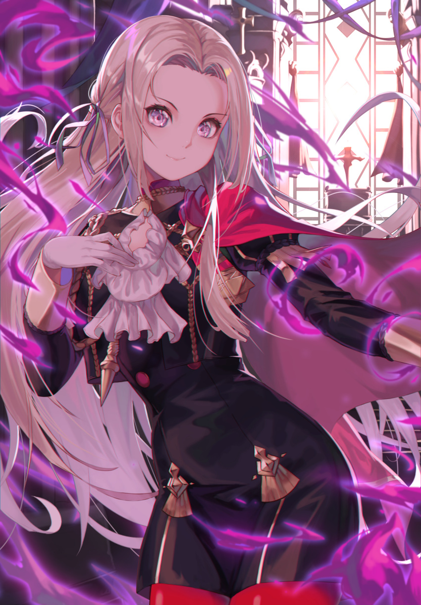 1girl absurdres blonde_hair cape closed_mouth cravat edelgard_von_hresvelg fire_emblem fire_emblem:_three_houses floating_hair gloves hair_ornament hair_ribbon hand_on_own_chest hand_up highres juliet_sleeves long_hair long_sleeves looking_at_viewer magic outstretched_arm pantyhose pink_eyes puffy_sleeves purple_ribbon red_cape red_legwear ribbon shiny shiny_hair sidelocks smile solo standing uniform very_long_hair white_gloves wind window yami_no_teyon