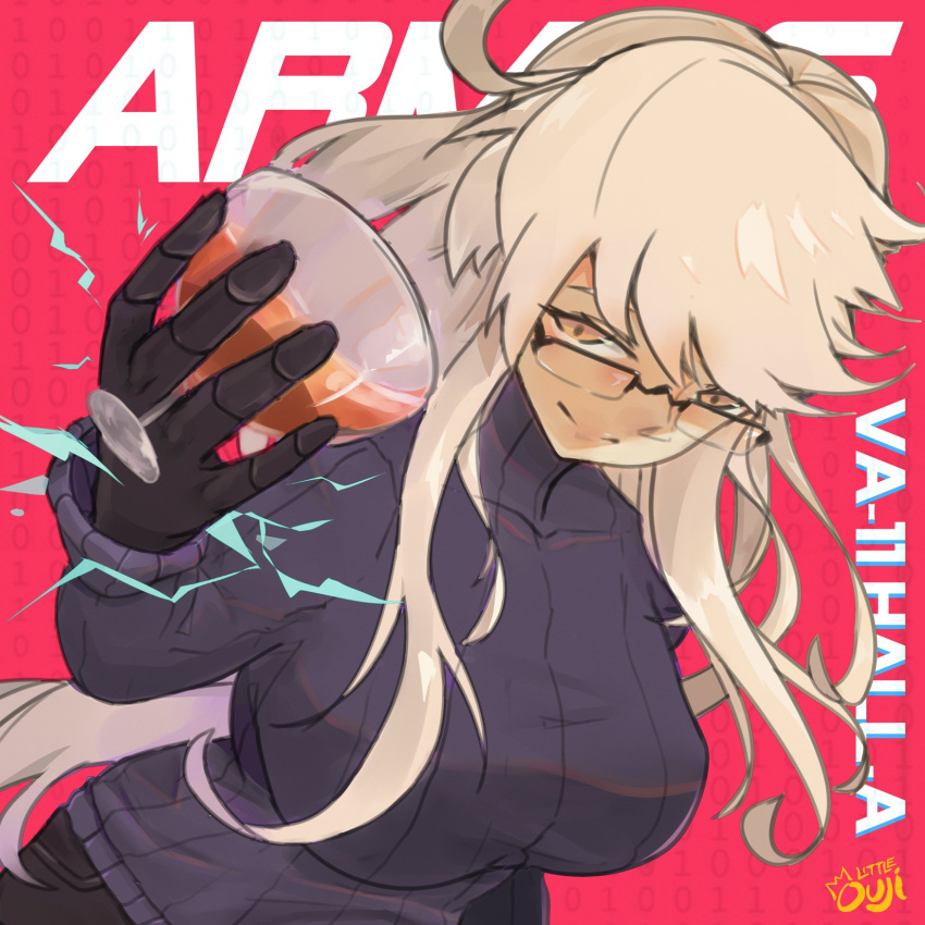 1girl alma_armas blonde_hair breasts cocktail cocktail_glass commentary cup drinking_glass english_commentary glasses highres large_breasts little_ouji long_hair looking_at_viewer mechanical_hands orange_eyes over-rim_eyewear pants ribbed_sweater semi-rimless_eyewear smile solo sweater va-11_hall-a