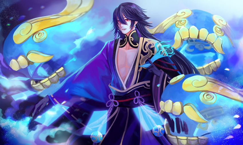1boy black_gloves black_hair blue_earrings dragon_print forever_7th_capital gloves hair_between_eyes japanese_clothes long_hair male_focus red_eyes ribbon-trimmed_sleeves ribbon_trim shinaipenguin solo standing very_long_hair wide_sleeves