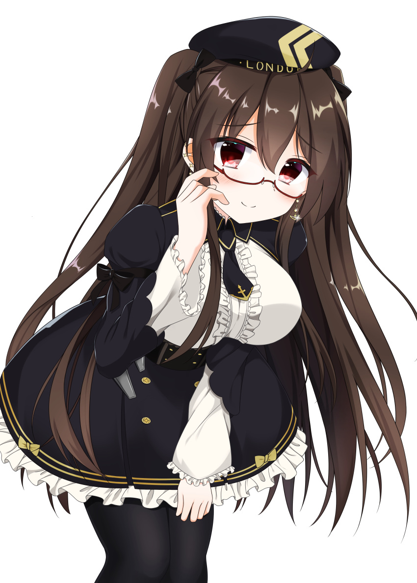 1girl absurdres azur_lane beret black_legwear breasts brown_hair commentary_request earrings glasses hat highres jewelry large_breasts london_(azur_lane) looking_at_viewer pantyhose red_eyes ribbon simple_background smile solo umineko_illust white_background