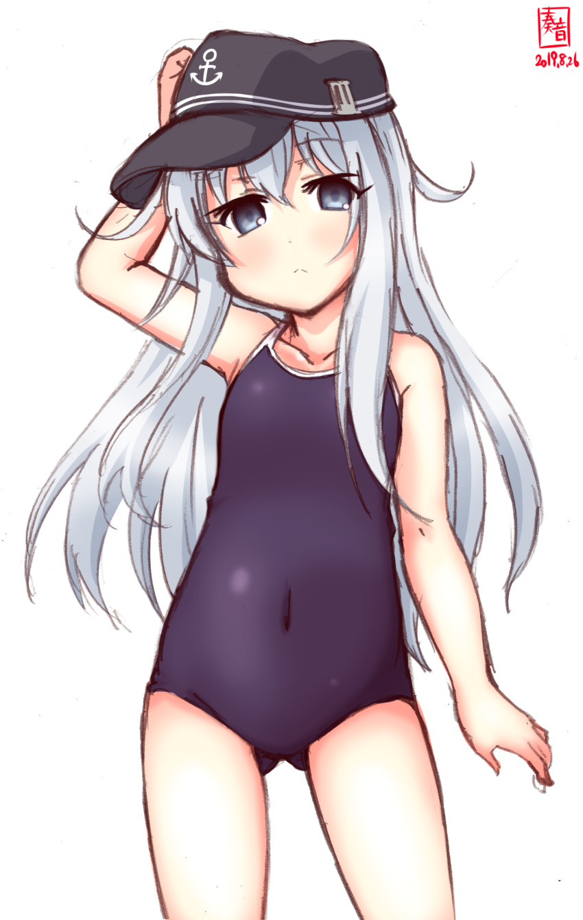 1girl adjusting_clothes adjusting_hat alternate_costume artist_logo ass_visible_through_thighs badge blue_eyes blue_swimsuit blush covered_navel cowboy_shot dated eyebrows_visible_through_hair feet_out_of_frame flat_cap flat_chest hair_over_shoulder hat hibiki_(kantai_collection) highres kanon_(kurogane_knights) kantai_collection long_hair looking_at_viewer new_school_swimsuit one-piece_swimsuit school_swimsuit signature silver_hair simple_background solo swimsuit white_background white_hair