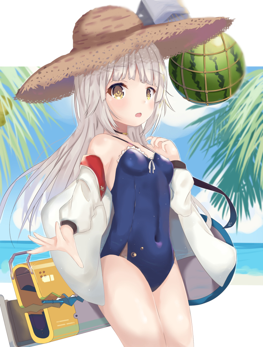 1girl :o absurdres azur_lane bag bangs beach black_choker blue_sky blue_swimsuit blunt_bangs blush breasts choker clouds cloudy_sky commentary cowboy_shot day eyebrows_visible_through_hair food fruit grey_hair hat highres holding holding_bag jacket jacket_over_swimsuit long_hair navel ocean off_shoulder one-piece_swimsuit open_mouth outdoors outstretched_arm palm_leaf sidelocks sky small_breasts solo standing straw_hat sun_hat swimsuit user_vhnw4234 water_drop watermelon wet yellow_eyes z46_(azur_lane)