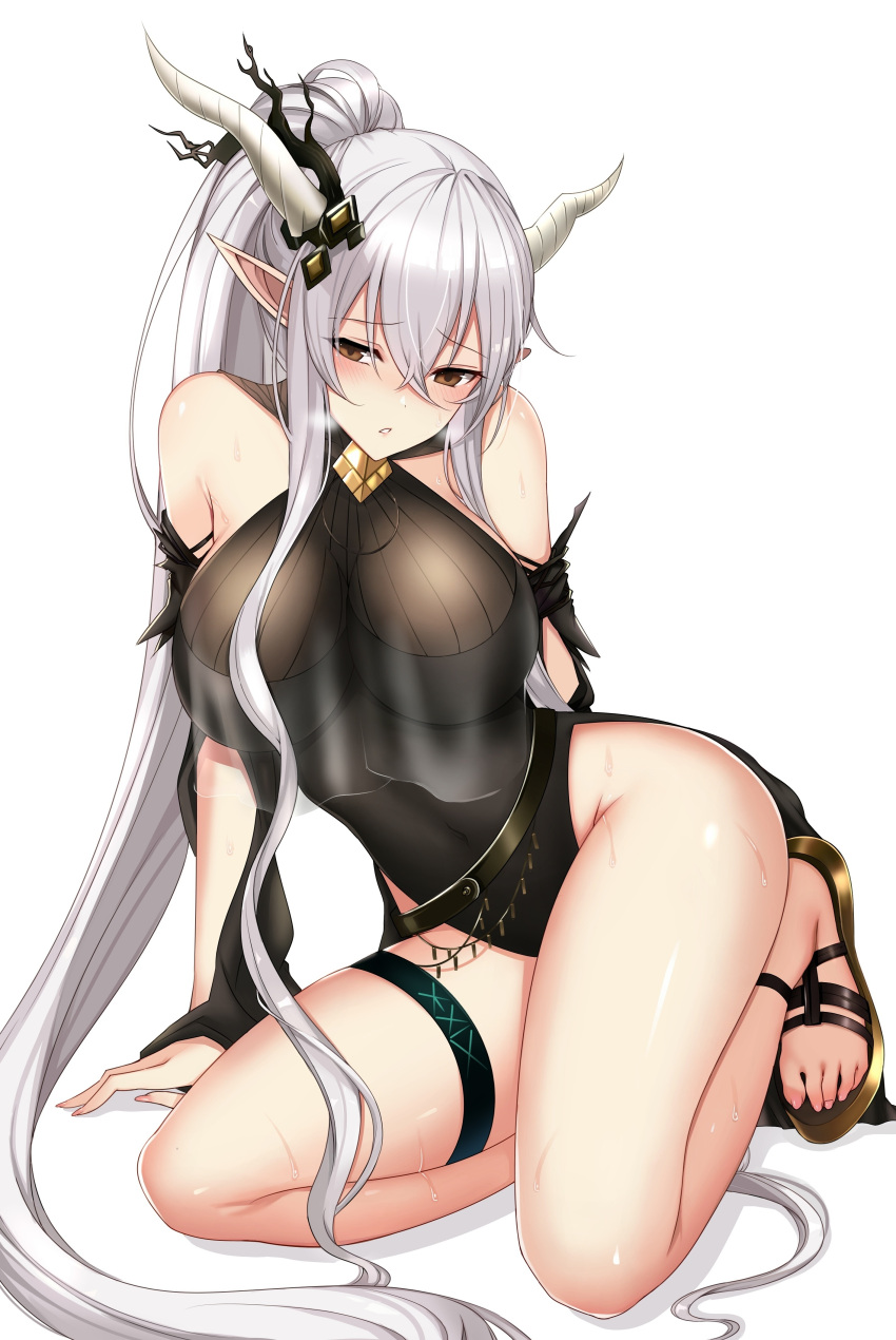 1girl absurdres arknights arm_support ateoyh bangs bare_shoulders belt black_swimsuit blush breasts brown_eyes crossed_bangs detached_sleeves eyebrows_visible_through_hair full_body hair_between_eyes head_tilt highres horns kneeling large_breasts long_hair one-piece_swimsuit parted_lips pointy_ears ponytail sandals shining_(arknights) sidelocks simple_background solo swimsuit thigh_strap thighs very_long_hair wet white_background white_hair