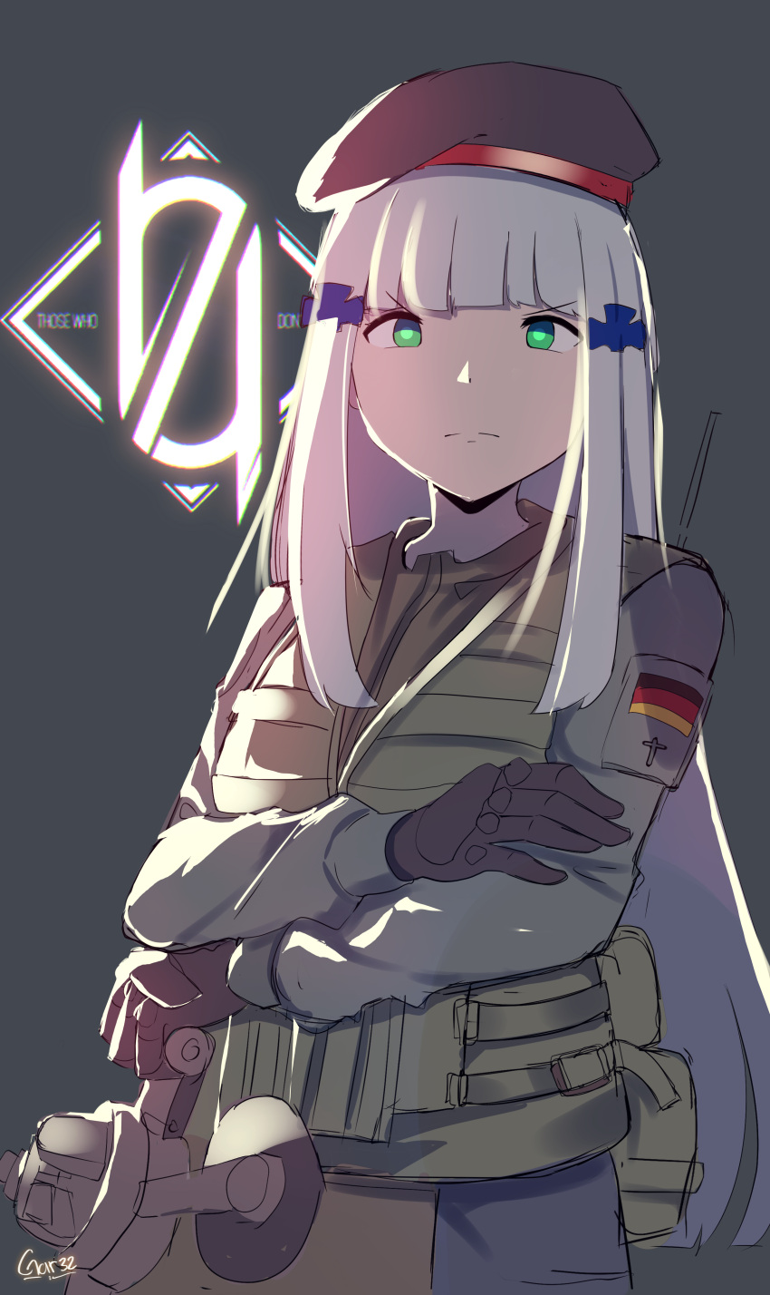 1girl absurdres background_text bangs beret black_gloves black_headwear closed_mouth commentary english_commentary english_text eyebrows_visible_through_hair german_flag girls_frontline gloves green_eyes grey_background grey_hair grey_jacket hair_ornament hat highres hk416_(girls_frontline) holding jacket long_hair long_sleeves looking_at_viewer rainbow_six_siege simple_background sketch solo tegar32 v-shaped_eyebrows very_long_hair