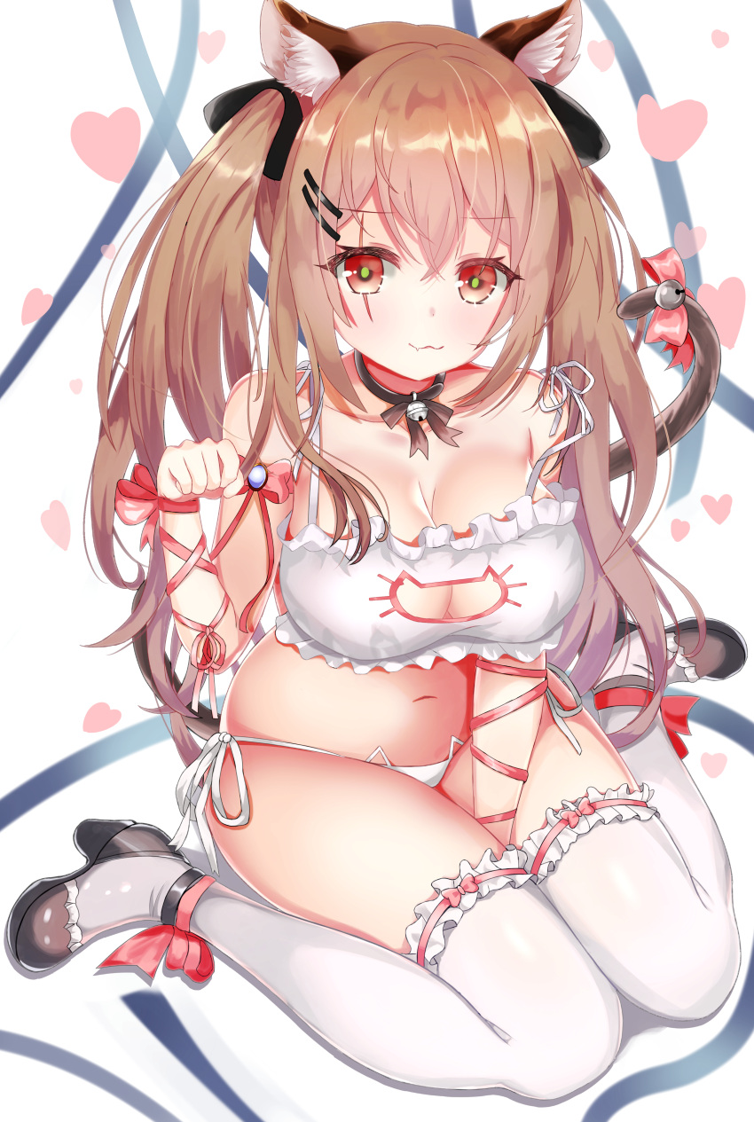 1girl absurdres animal_ears bell bell_choker bound bra brown_hair cat_cutout cat_lingerie cat_tail choker frilled_bra frilled_legwear frills girls_frontline hair_ribbon highres huge_filesize kneeling looking_at_viewer meme_attire panties paw_pose pink_ribbon ribbon ribbon-trimmed_clothes ribbon_bondage ribbon_choker ribbon_trim scar shoes simple_background sitting solo tail thigh-highs tia_(4017342) ump9_(girls_frontline) underwear wariza white_bra white_legwear white_panties white_ribbon