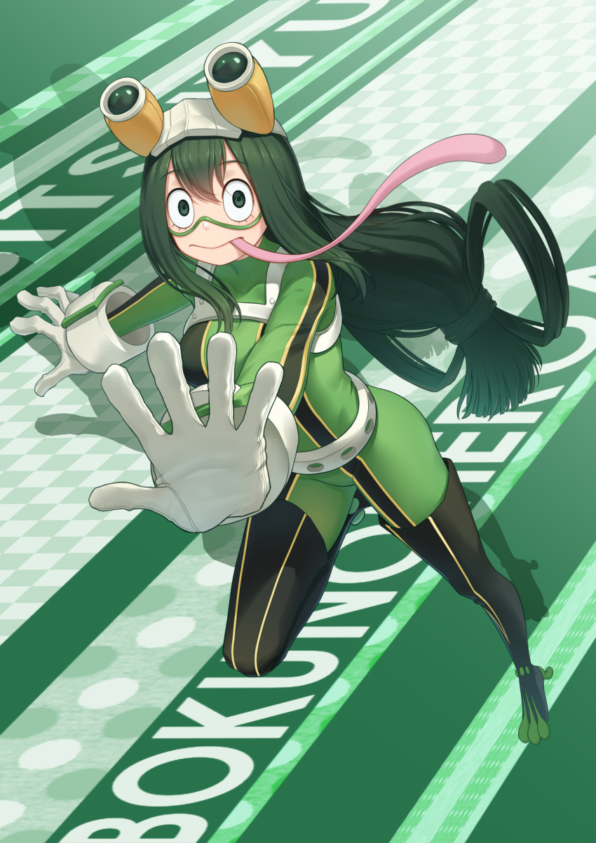 1girl :&gt; anarchojs asui_tsuyu black_eyes black_footwear bodysuit boku_no_hero_academia boots breasts commentary_request copyright_name eyebrows_visible_through_hair frog_girl full_body gloves goggles goggles_on_head green_footwear green_hair hair_between_eyes hair_rings highres large_breasts long_hair long_tongue looking_at_viewer low-tied_long_hair skin_tight solo thigh-highs thigh_boots tongue tongue_out white_gloves