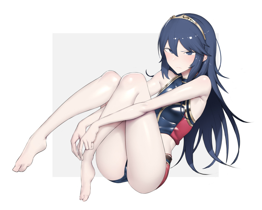 1girl alternate_costume ass bare_shoulders blue_eyes blue_hair closed_mouth crop_top error fire_emblem fire_emblem_awakening fire_emblem_cipher grey_background hair_between_eyes hair_ornament harau highres legs long_hair looking_at_viewer lucina lucina_(fire_emblem) scowl short_shorts shorts sleeveless solo swimsuit thighs tiara two-tone_background very_long_hair white_background wrong_feet
