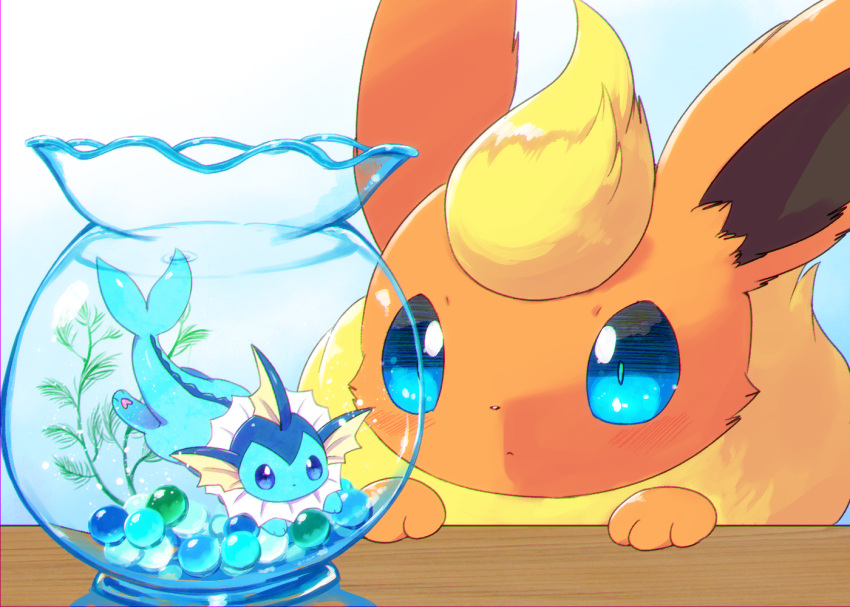 blue_eyes blue_sclera blush bubble chromatic_aberration closed_mouth fishbowl flareon full_body gen_1_pokemon kemoribon light_blush looking_at_another no_humans pawpads paws pokemon pokemon_(creature) swimming vaporeon water