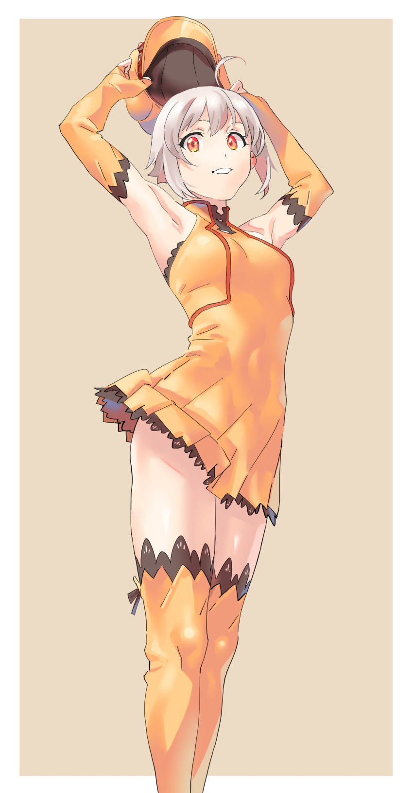 ahoge armpits beige_background beret commentary_request covered_navel dress elbow_gloves fingerless_gloves gloves grey_hair hat henken highres holding holding_hat looking_at_viewer orange_dress orange_eyes orange_legwear original parted_lips pleated_skirt short_hair simple_background skirt sleeveless sleeveless_dress smile standing thigh-highs two-tone_background zettai_ryouiki