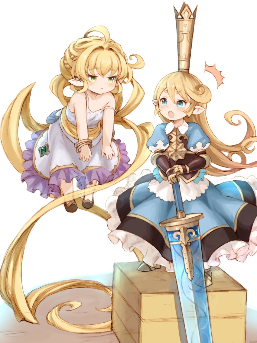 /\/\/\ 2girls :x ahoge armor armored_boots armored_dress bangle bare_shoulders blonde_hair blue_eyes blush boots box bracelet breastplate charlotta_fenia crown dress floating frilled_dress frills gauntlets gold_trim granblue_fantasy green_eyes hair_intakes harvin highres jewelry long_hair m-eine melissabelle multiple_girls open_mouth pointy_ears puffy_short_sleeves puffy_sleeves short_sleeves simple_background standing standing_on_object strap_slip sword very_long_hair weapon