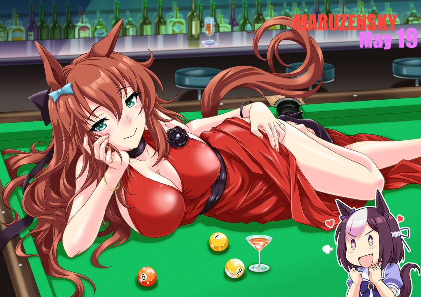 +_+ 2girls :&gt; =3 alcohol animal_ears aqua_bow bangle bar bar_stool black_bow black_footwear bottle bow bracelet braid breasts brown_hair character_name chin_rest clenched_hands closed_mouth cocktail_glass commentary_request cup dress drinking_glass eyebrows_visible_through_hair green_eyes hair_between_eyes hair_bow hand_on_own_thigh heart high_heels horse_ears horse_tail jewelry large_breasts long_hair looking_at_another looking_at_viewer lying maruzensky multicolored_hair multiple_girls number on_side outline pool_ball pool_table purple_bow red_dress ring school_uniform serafuku shoes sleeveless sleeveless_dress special_week stool tail umajiri_gyuunyuu umamusume very_long_hair violet_eyes white_hair white_outline