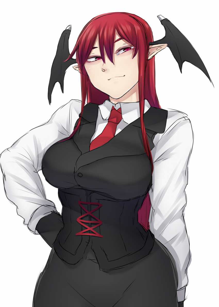 1girl black_gloves black_skirt black_vest breasts commentary_request demon_wings gloves hand_on_hip head_wings highres koakuma lace large_breasts long_hair long_sleeves looking_at_viewer necktie nicutoka pointy_ears red_eyes red_neckwear redhead shirt simple_background skirt smile solo touhou upper_body very_long_hair vest white_background white_shirt wings