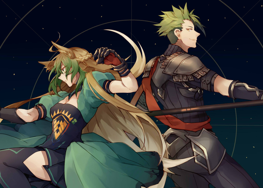 1boy 1girl achilles_(fate) ahoge animal_ears arm_strap armor atalanta_(fate) back-to-back blonde_hair boots breasts fate/apocrypha fate/grand_order fate_(series) gloves gradient_hair green_eyes green_hair highres holding holding_spear holding_weapon long_hair looking_at_viewer multicolored_hair nan_(nanyayyay) open_mouth pleated_skirt polearm puffy_short_sleeves puffy_sleeves short_sleeves skirt small_breasts spear thigh-highs very_long_hair weapon yellow_eyes