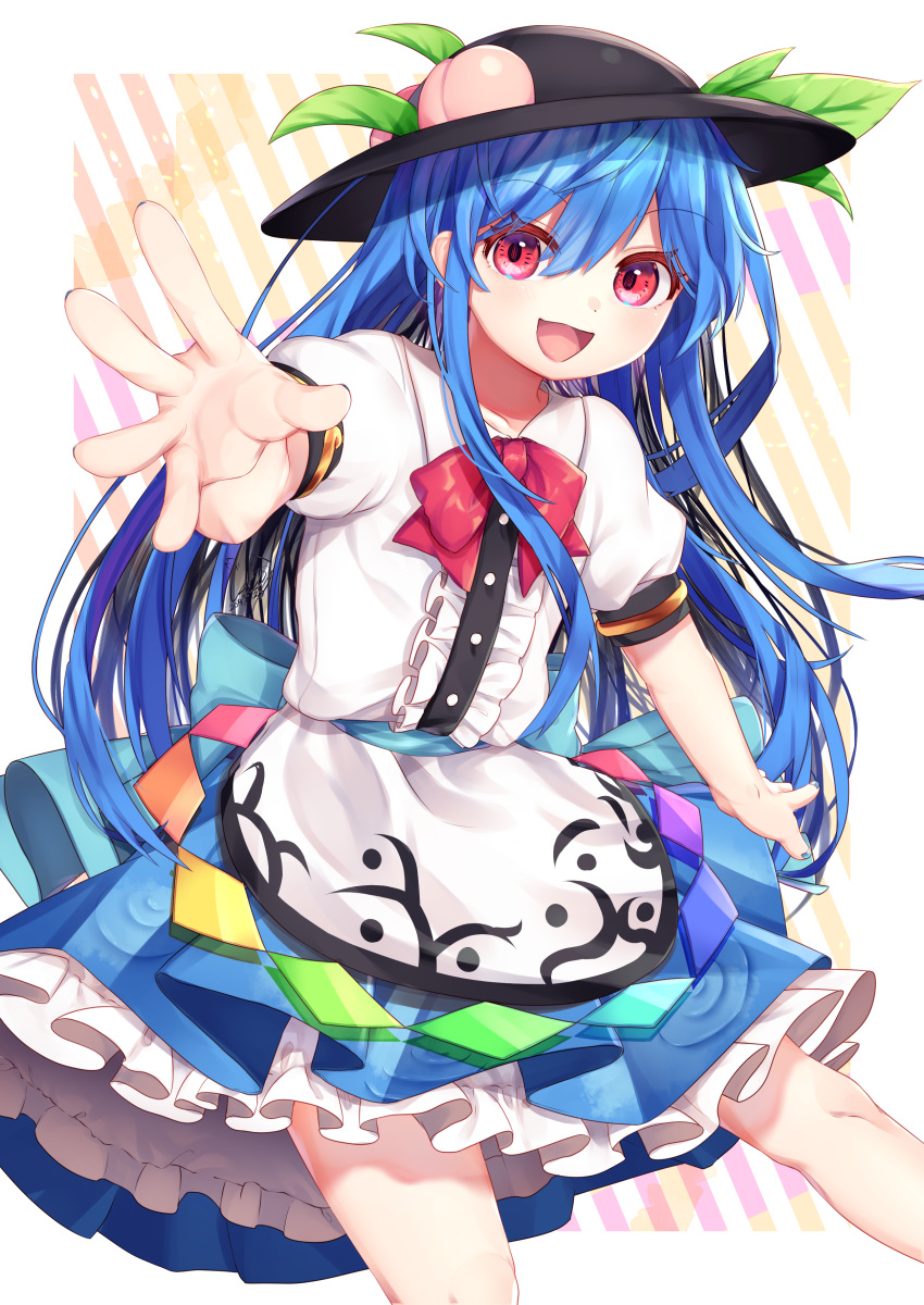 1girl :d absurdres black_headwear blue_hair blue_nails blue_skirt bow commentary_request diagonal-striped_background diagonal_stripes dress eyebrows_visible_through_hair feet_out_of_frame fingernails food foreshortening fruit gunjou_row hair_between_eyes hat highres hinanawi_tenshi layered_dress leaf leg_lift long_hair looking_at_viewer open_mouth outstretched_hand peach petticoat puffy_short_sleeves puffy_sleeves reaching_out red_bow red_eyes red_neckwear shirt short_sleeves skirt smile solo standing striped striped_background touhou very_long_hair white_shirt