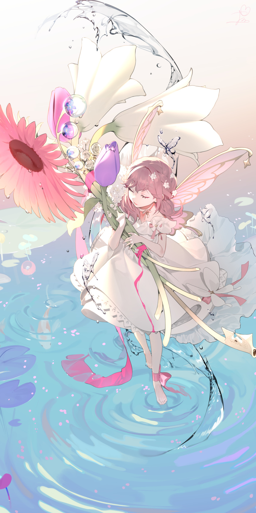 1girl absurdres bangs bare_arms bare_shoulders bug butterfly closed_eyes commentary_request dress flower highres holding holding_flower insect key long_hair ohisashiburi original pink_flower solo standing water white_dress white_flower wings