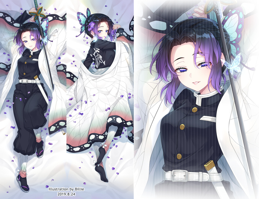 1girl animal_print arms_up artist_name bangs bed_sheet belt black_hair black_legwear blue_eyes breasts bug butterfly butterfly_hair_ornament butterfly_print dakimakura dated english_text flower full_body gradient_hair hair_flower hair_ornament highres insect japanese_clothes katana kimetsu_no_yaiba kimono kochou_shinobu lips looking_at_viewer lying medium_breasts menggongfang mouth_hold multicolored_hair multiple_views on_back on_side pants parted_bangs petals purple_hair sandals scabbard sheath shirt short_hair smile socks solo sword two-tone_hair uniform unsheathed weapon white_footwear wide_sleeves