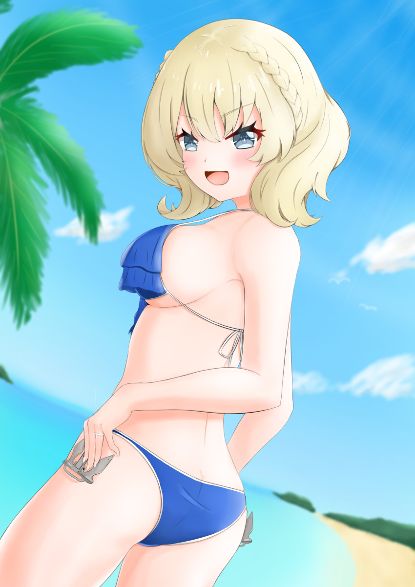 1girl absurdres ass beach bikini blonde_hair blue_bikini blue_eyes blue_sky breasts clouds colorado_(kantai_collection) commentary_request day dutch_angle frilled_bikini frills from_behind highres himenagi_yuuki horizon kantai_collection large_breasts looking_at_viewer looking_back ocean outdoors palm_tree short_hair side-tie_bikini side_braids sideboob sky smile solo swimsuit tree