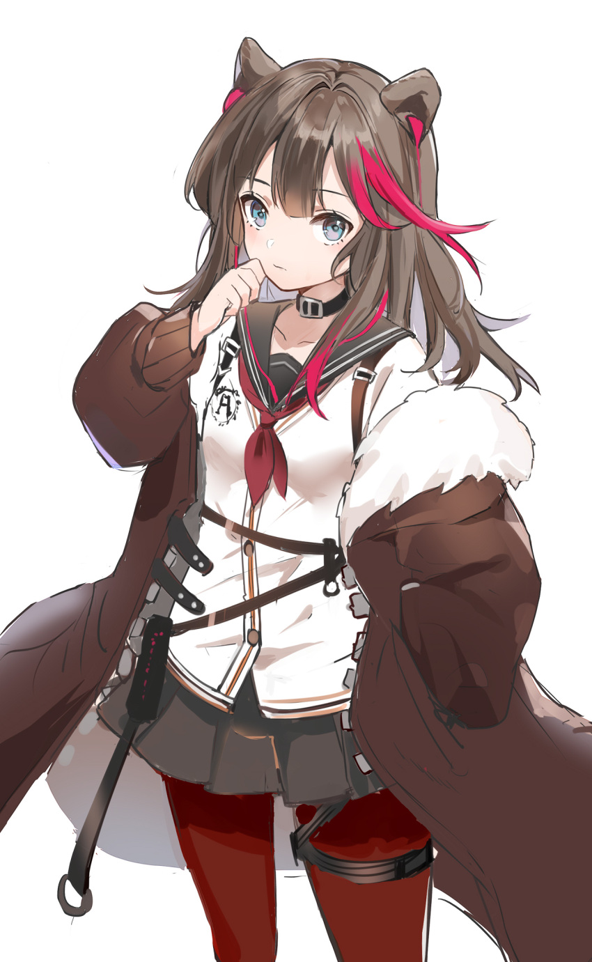 1girl animal_ears arknights bear_ears black_choker black_sailor_collar black_skirt blue_eyes breasts brown_coat brown_hair bxr choker closed_mouth coat collarbone cowboy_shot fur_collar hand_up highres long_hair long_sleeves looking_at_viewer miniskirt multicolored_hair neckerchief open_clothes open_coat pantyhose pink_hair pleated_skirt puffy_sleeves red_legwear red_neckwear sailor_collar school_uniform shirt skirt small_breasts solo two-tone_hair white_shirt zima_(arknights)