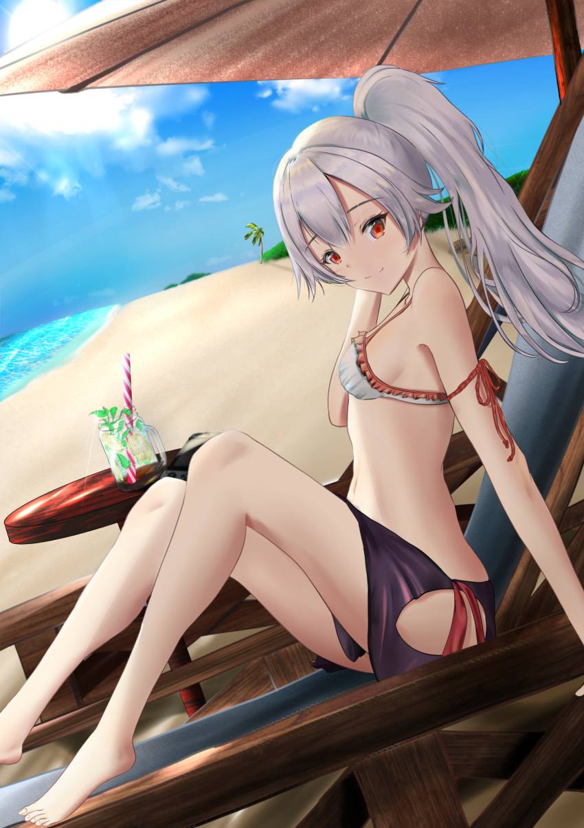 1girl arm_ribbon bangs barefoot beach blue_sky closed_mouth clouds day dutch_angle fate/grand_order fate_(series) floating_hair from_side hair_between_eyes hand_in_hair high_ponytail highres long_hair miyamoto_musashi_(fate/grand_order) outdoors red_eyes red_ribbon ribbon sarong silver_hair sitting sky smile solo tana_alive tomoe_gozen_(fate/grand_order) white_bikini_top