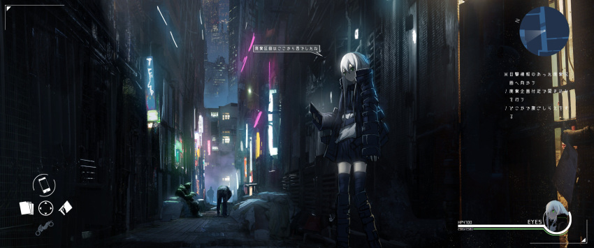 1girl 3others absurdres alley asteroid_ill black_footwear black_jacket black_legwear black_shorts boots building cityscape commentary dark fake_screenshot green_eyes heads-up_display health_bar highres holding holding_phone iz_(asteroid_ill) jacket lights long_hair long_sleeves minimap multiple_others neon_lights night open_clothes open_jacket original outdoors phone scenery shirt shorts skyscraper sleeves_past_wrists solo_focus standing thigh-highs translation_request user_interface very_long_hair white_hair white_shirt wide_shot window