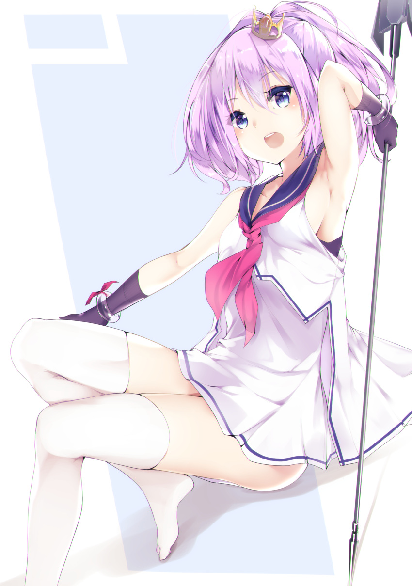 1girl :d absurdres armpits arms_up azur_lane bare_shoulders blue_eyes breasts commentary cravat crown dress eyebrows_visible_through_hair gloves hair_ornament highres javelin_(azur_lane) long_hair mini_crown neck_ribbon open_mouth polearm purple_gloves purple_hair purple_sailor_collar ribbon sailor_collar school_uniform serafuku simple_background skirt skirt_lift small_breasts smile solo suwakana thigh-highs weapon white_legwear wristband