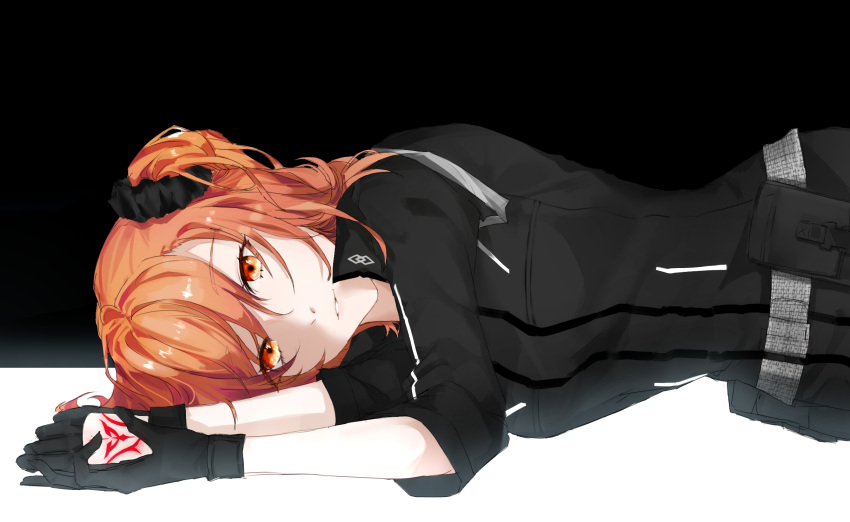 1girl black_gloves black_jacket black_scrunchie breasts commentary_request cutout eyebrows_visible_through_hair fate/grand_order fate_(series) fujimaru_ritsuka_(female) gloves hair_ornament hair_scrunchie hand_tattoo highres jacket looking_at_viewer lying medium_breasts on_side orange_eyes orange_hair scrunchie short_hair side_ponytail smile solo tattoo upper_body wog3393