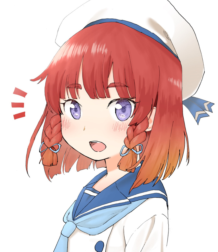 /\/\/\ 1girl blonde_hair blue_neckwear blue_ribbon blue_sailor_collar bob_cut braid buttons commentary_request etorofu_(kantai_collection) gradient_hair hat highres kantai_collection long_sleeves looking_at_viewer mirui2 multicolored_hair neckerchief redhead ribbon sailor_collar sailor_hat school_uniform serafuku side_braid simple_background smile solo thick_eyebrows twin_braids upper_body violet_eyes white_background white_headwear