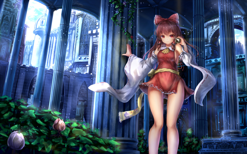 1girl architecture ascot bangs bare_legs bare_shoulders bow breasts brown_hair closed_mouth cowboy_shot detached_sleeves dress fii_fii_(feefeeowo) flower greco-roman_architecture hair_bow hair_tubes hakurei_reimu highres long_hair looking_at_viewer nontraditional_miko red_bow red_dress red_eyes ribbon-trimmed_sleeves ribbon_trim sash short_dress sideboob sidelocks small_breasts smile solo sunlight thighs touhou wide_sleeves