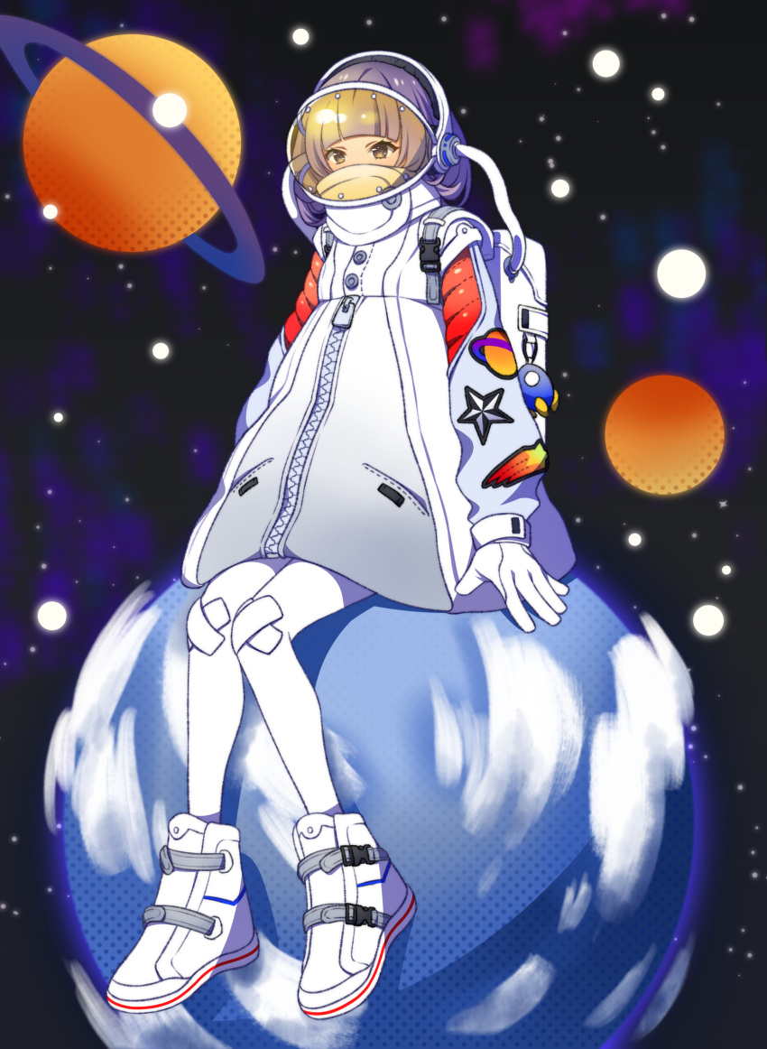 1girl absurdres backpack bag bangs blunt_bangs brown_eyes clouds covered_mouth full_body gloves headgear highres jacket looking_at_viewer original pantyhose planet saturn shoes short_hair sitting sitting_on_object solo space spacesuit star_(sky) sumino_akasuke visor white_footwear white_gloves white_legwear