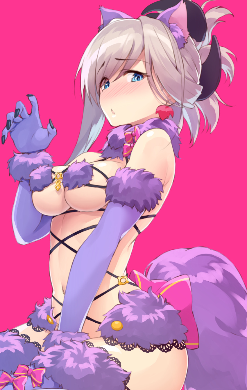 1girl absurdres animal_ear_fluff animal_ears asymmetrical_hair blue_eyes breasts chestnut_mouth claw_pose cosplay craft_essence dangerous_beast elbow_gloves embarrassed eyebrows_visible_through_hair eyes_visible_through_hair fate/grand_order fate_(series) from_side fur-trimmed_gloves fur-trimmed_legwear fur_collar fur_trim gloves hair_over_one_eye halloween_costume highres large_breasts looking_at_viewer miyamoto_musashi_(fate/grand_order) navel o-ring o-ring_top pink_background pink_hair ponytail purple_gloves purple_legwear revealing_clothes shunichi simple_background sitting solo tail under_boob wolf_ears wolf_tail