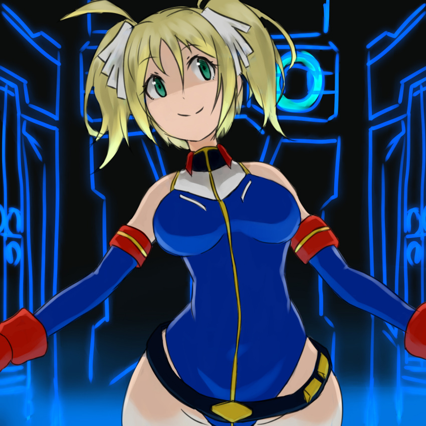 1girl belt beltskirt blonde_hair blue_eyes blue_leotard breasts closed_mouth commentary_request earth_federation elbow_gloves fingerless_gloves gloves green_eyes groin gundam gundam_card_builder highleg highleg_leotard highres large_breasts leotard medium_hair red_gloves rei_(rei_rr) reiko_holinger short_twintails skin_tight smile solo twintails zipper