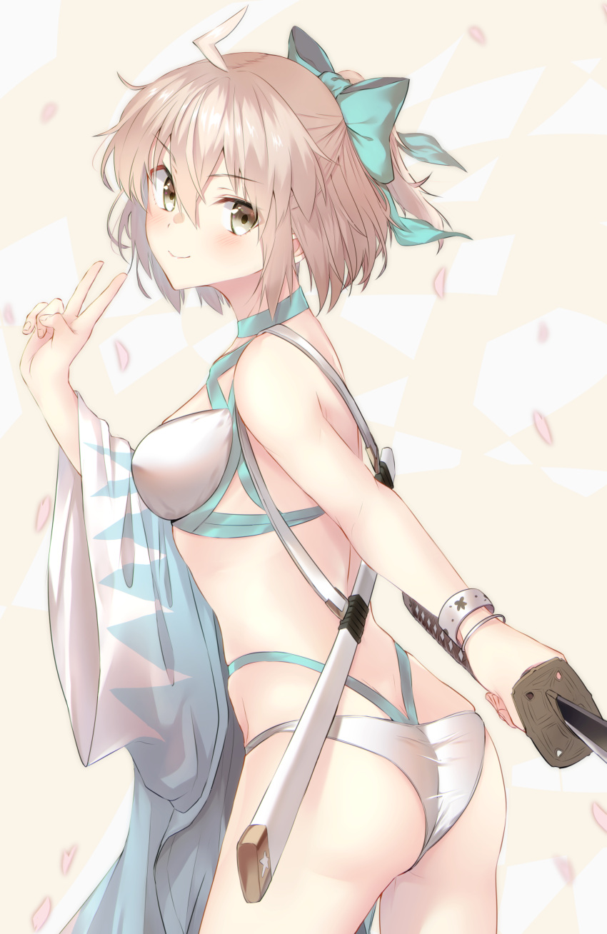 1girl absurdres ahoge ass bare_shoulders bikini bow breasts brown_eyes commentary_request eyebrows_visible_through_hair fate/grand_order fate_(series) from_behind green_bow hair_between_eyes hair_bow highres holding holding_sword holding_weapon japanese_clothes jun_(540000000000000) katana kimono kimono_removed looking_at_viewer medium_breasts okita_souji_(fate)_(all) okita_souji_(swimsuit_assassin)_(fate) solo swimsuit sword v weapon white_bikini
