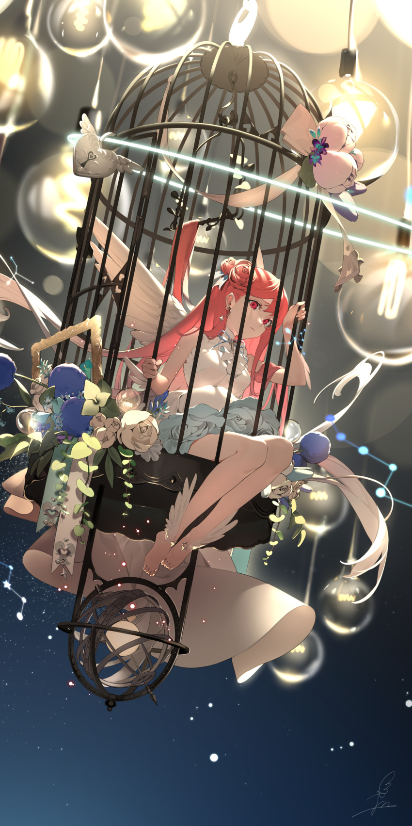 1girl absurdres bangs bare_legs bare_shoulders birdcage blue_flower blue_rose breasts cage commentary_request flower highres keyhole light_bulb lock looking_at_viewer medium_breasts ohisashiburi original red_flower red_rose redhead rose shirt solo white_flower white_rose white_shirt wings