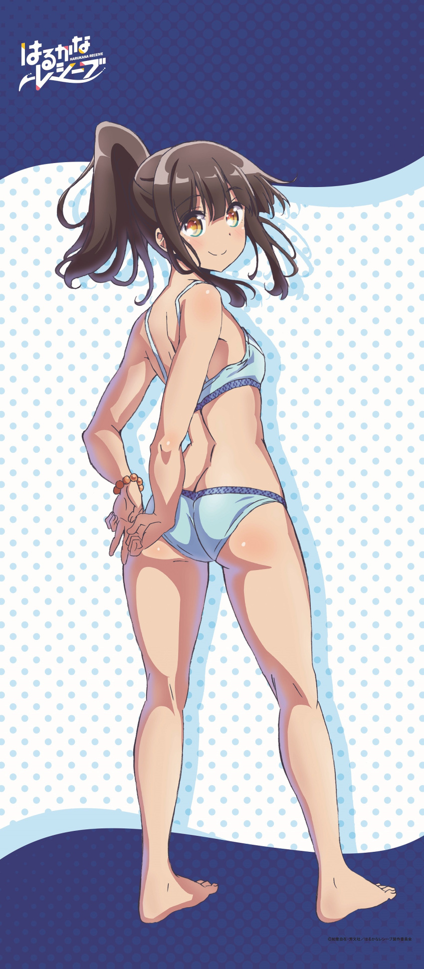 1girl absurdres arms_behind_back ass back bangs bare_legs bead_bracelet beads bikini blue_bikini blush bracelet breasts brown_eyes brown_hair closed_mouth eyebrows_visible_through_hair feet harukana_receive higa_kanata highres jewelry legs looking_at_viewer looking_back medium_hair official_art pointing pointing_down polka_dot polka_dot_background ponytail simple_background small_breasts smile solo standing swimsuit