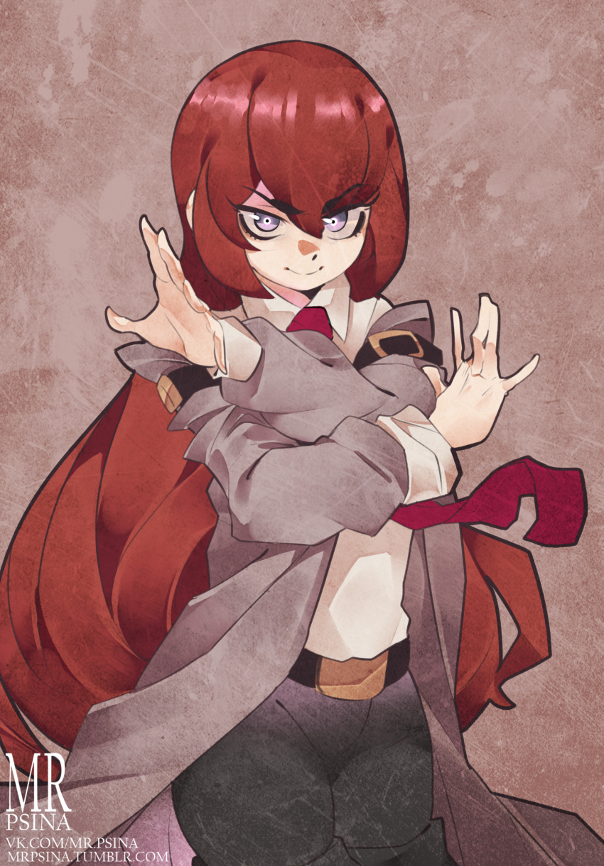 1girl absurdres artist_name bangs belt belt_buckle black_legwear brown_hair buckle closed_mouth crossed_arms eyebrows_visible_through_hair eyes_visible_through_hair grey_background grey_eyes hair_between_eyes highres jacket long_hair long_sleeves looking_at_viewer makise_kurisu mr.psina necktie red_neckwear shirt simple_background smile solo standing steins;gate upper_body very_long_hair white_shirt