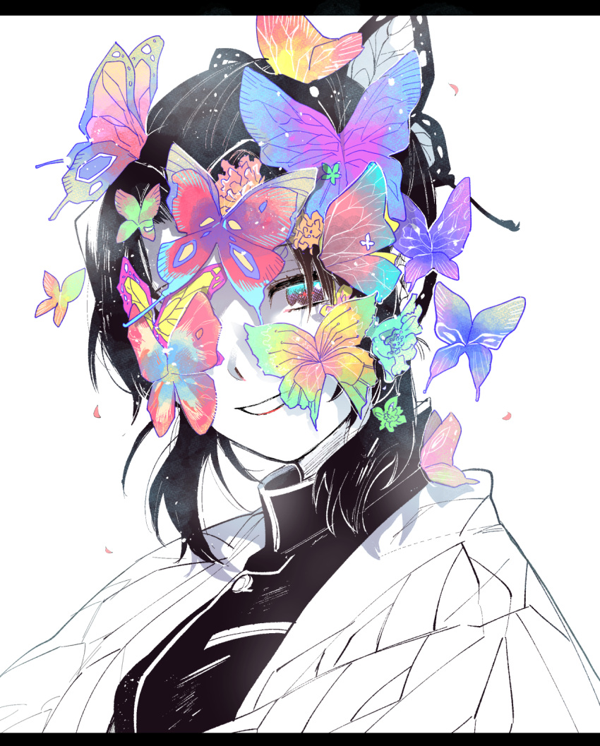 1girl black_hair bug butterfly butterfly_hair_ornament flower hair_ornament haori highres insect japanese_clothes kimetsu_no_yaiba kochou_shinobu letterboxed one_eye_covered partially_colored petals portrait shindai_(esa841992) smile solo uniform violet_eyes