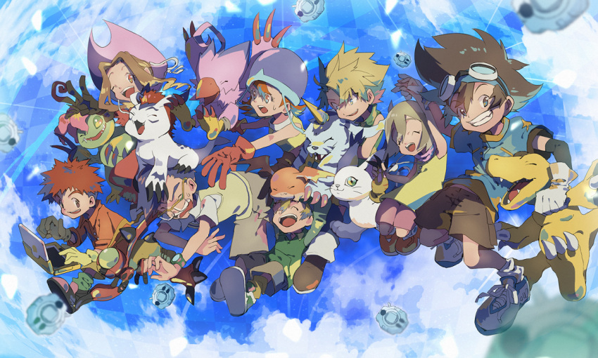 3girls 5boys blonde_hair blue_eyes blue_hair brown_eyes brown_hair closed_mouth commentary_request daiki_(daikingairkgk) digimon digimon_adventure digivice glasses gloves goggles goggles_on_head gomamon hat ishida_yamato izumi_koushirou kido_jou long_hair looking_at_viewer multiple_boys multiple_girls open_mouth palmon piyomon shirt short_hair smile tachikawa_mimi tailmon takaishi_takeru takenouchi_sora tentomon yagami_hikari yagami_taichi