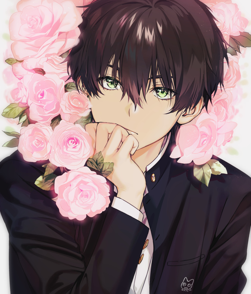 1boy artist_name bangs black_hair black_jacket commentary_request flower green_eyes hair_between_eyes highres hyouka jacket long_hair long_sleeves looking_at_viewer mery_(apfl0515) oreki_houtarou pink_flower pink_rose rose school_uniform shirt short_hair solo white_shirt