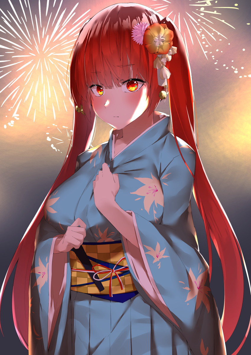1girl absurdres azur_lane bangs bell blue_kimono blunt_bangs blush breasts closed_mouth commentary_request cotton_kanzaki evening eyebrows_visible_through_hair fireworks flower hair_bell hair_flower hair_ornament highres honolulu_(azur_lane) japanese_clothes kimono large_breasts long_hair long_sleeves looking_at_viewer obi red_eyes redhead sash sidelocks solo standing twintails very_long_hair wide_sleeves yukata