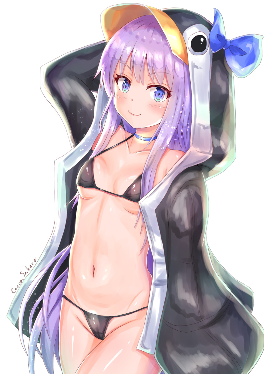 1girl animal_costume animal_hood arm_up artist_name bikini black_bikini blue_bow blue_eyes bow breasts choker closed_mouth cocoasabure collarbone cowboy_shot fate/grand_order fate_(series) groin highres hood long_hair long_sleeves looking_at_viewer meltryllis meltryllis_(swimsuit_lancer)_(fate) navel penguin_costume purple_hair simple_background small_breasts smile solo swimsuit very_long_hair white_background