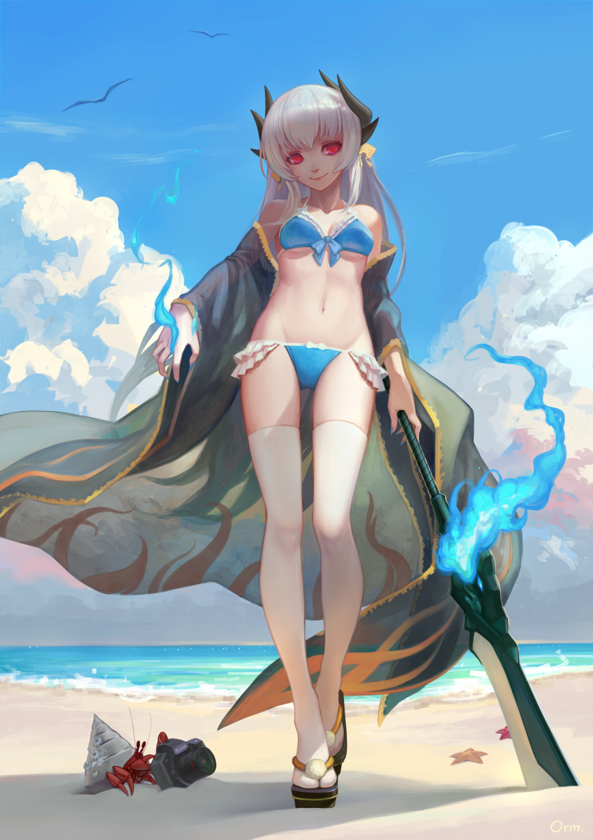 1girl absurdres animal artist_name bare_shoulders beach bikini bird blue_bikini blue_fire breasts camera clouds cloudy_sky commentary_request crab crustacean dragon_girl dragon_horns fate/grand_order fate_(series) fire hermit_crab highres holding holding_spear holding_weapon horns kiyohime_(fate/grand_order) kiyohime_(swimsuit_lancer)_(fate) looking_at_viewer looking_down monster_girl multiple_horns navel obi ocean orm_(user_mufz8783) polearm red_eyes sash silver_hair sky small_breasts smile solo spear starfish swimsuit weapon white_legwear
