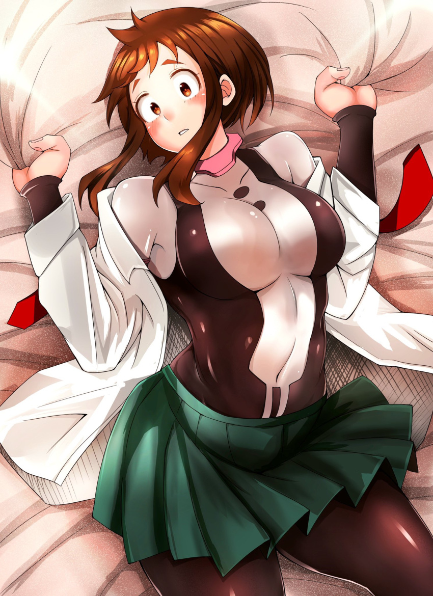 1girl adahcm bed_sheet black_bodysuit blush bodysuit boku_no_hero_academia breasts brown_eyes brown_hair commentary_request covered_collarbone covered_navel from_above green_skirt hands_up head_tilt highres large_breasts long_sleeves looking_at_viewer lying medium_skirt on_back open_clothes open_shirt parted_lips pleated_skirt sheet_grab shiny shiny_clothes shiny_hair shirt short_hair sidelocks skirt solo uraraka_ochako white_bodysuit white_shirt