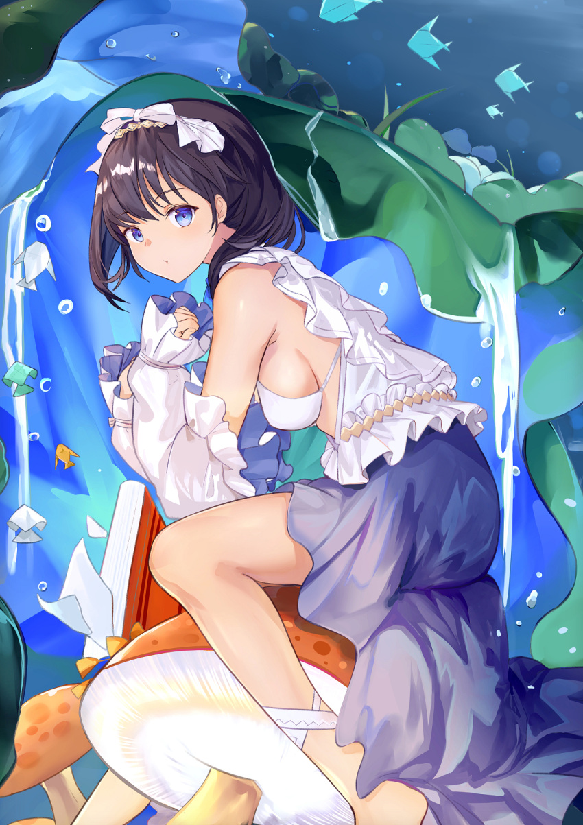 1girl :t animal bangs bikini_top black_hair blue_eyes blue_skirt blush book breasts closed_mouth commentary_request detached_sleeves eyebrows_visible_through_hair feet_out_of_frame fish highres long_hair long_sleeves looking_at_viewer looking_to_the_side medium_breasts mosta_(lo1777789) mushroom original pout puffy_long_sleeves puffy_sleeves shirt sitting skirt sleeves_past_wrists solo water white_bikini_top white_shirt white_sleeves