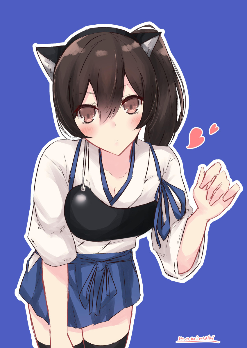 1girl absurdres animal_ears black_legwear blue_background blush brown_eyes brown_hair cat_ears claw_pose cowboy_shot fake_animal_ears heart highres japanese_clothes kaga_(kantai_collection) kantai_collection long_hair momiji_(103) muneate side_ponytail simple_background solo tasuki thigh-highs twitter_username