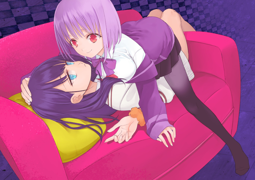 2girls bangs black_hair black_legwear black_skirt breasts commentary_request couch ctzn3857 green_pillow jacket large_breasts long_hair lying_on_another lying_on_person multiple_girls off-shoulder_jacket on_couch orange_scrunchie pantyhose pillow purple_hair purple_ribbon ribbon scrunchie shinjou_akane shirt short_hair skirt smile ssss.gridman takarada_rikka white_shirt wrist_scrunchie yuri