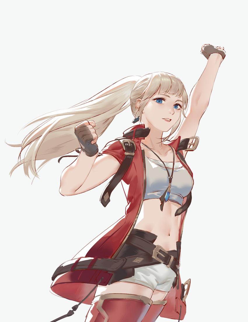 1girl arms_up bangs belt_buckle blue_eyes blunt_bangs boots breasts buckle collarbone earrings final_fantasy final_fantasy_xiv fingerless_gloves gloves grey_background half_gloves highres hyur jacket jewelry lmj961106 long_hair looking_at_viewer lyse_hext medium_breasts navel necklace open_mouth ponytail red_footwear red_jacket short_sleeves shorts sidelocks simple_background solo thigh-highs thigh_boots white_crop_top white_shorts