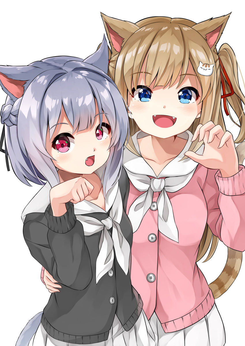 2girls :d absurdres animal_ears bangs black_cardigan black_ribbon blue_eyes braid brown_hair cat_ears cat_girl cat_hair_ornament cat_tail collarbone commentary_request eyebrows_visible_through_hair fangs hair_ornament hair_ribbon hand_on_another's_hip hand_up highres long_hair multiple_girls neckerchief open_mouth original paw_pose pink_cardigan pleated_skirt red_eyes red_ribbon ribbon sailor_collar silver_hair simple_background skirt smile sora_(silent_square) striped_tail tail tail_raised two_side_up white_background white_neckwear white_sailor_collar white_skirt