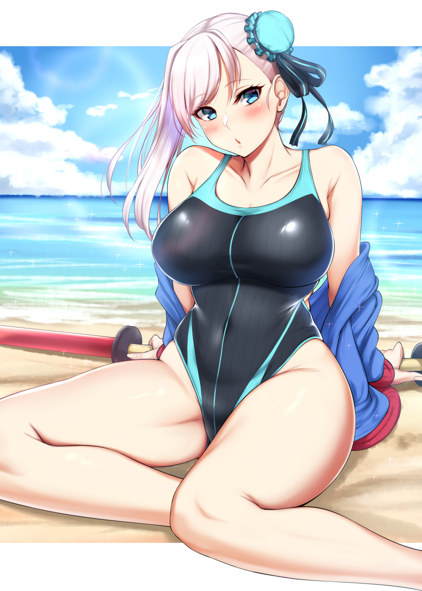 1girl absurdres asymmetrical_hair bangs beach black_swimsuit blue_eyes blue_sky breasts bun_cover clouds collarbone competition_swimsuit covered_navel day fate/grand_order fate_(series) hair_bun highleg highleg_swimsuit highres kusahagane large_breasts long_hair miyamoto_musashi_(fate/grand_order) miyamoto_musashi_(swimsuit_berserker)_(fate) ocean one-piece_swimsuit pink_hair sand sitting sky solo swept_bangs swimsuit yokozuwari